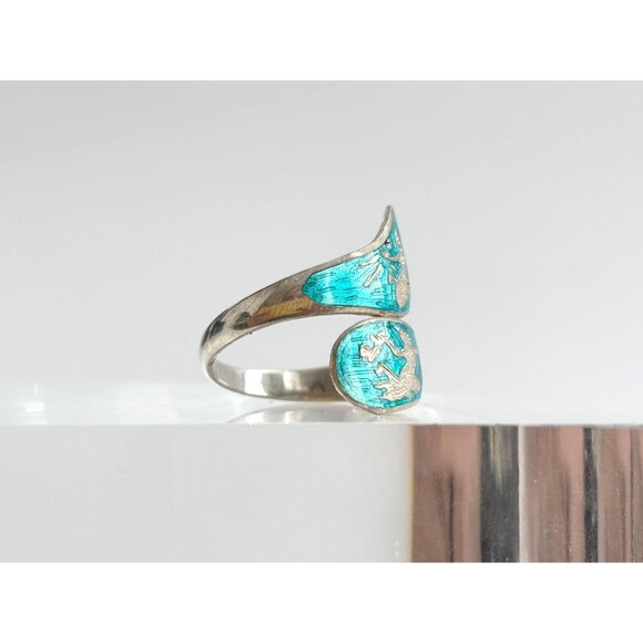 Teal Guilloche Wrap Siam Thai Nielloware 925 Sterling Silver Vintage Ring - sz 7 - Picture 4 of 15